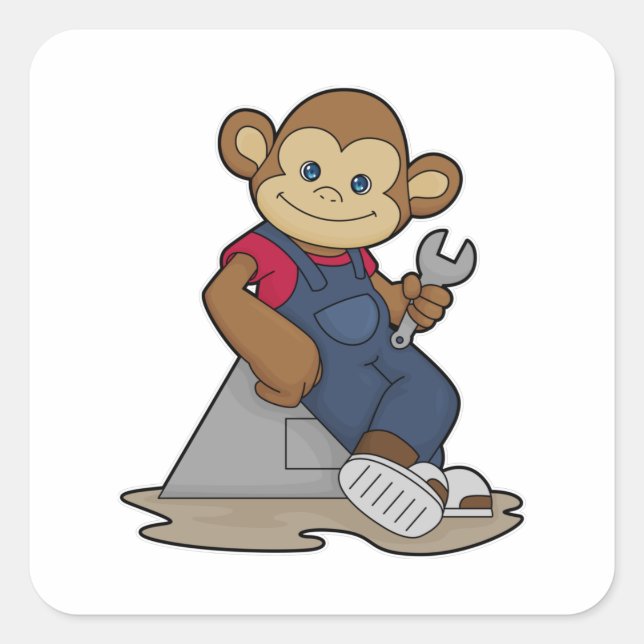 Sticker Carré Singe comme mécanicien avec clé (Devant)