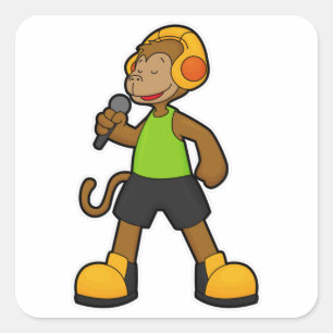 Sticker Carré Singe en chanteur avec microphone et casque