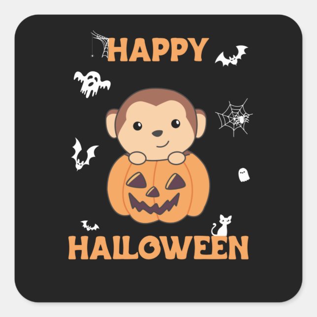 Sticker Carré Singe En Citrouille Mignons Singes Joyeux Hallowee (Devant)
