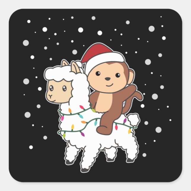 Sticker Carré Singe Lama Noël Neige hiver Animaux Carré S (Devant)