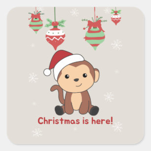 Sticker Carré Singe Noël Neige Hiver Animaux Singes Squale