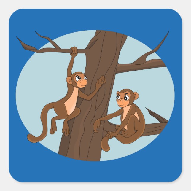 Sticker Carré Singes escalade l'arbre dessin animé (Devant)