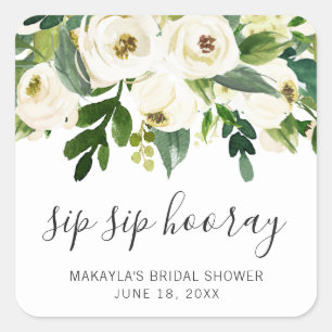 Sticker Carré Sip Sip Hourra Élégant Fleurs Blanches Mariage