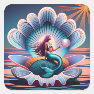 Sticker Carré Sirène, Coquille, Perle, Océan, Enchantant