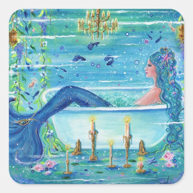 Sticker Carré Sirène dans une baignoire art par Renee Lavoie (Devant)