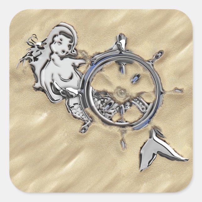Sticker Carré Sirène d'argent dans le sable (Devant)
