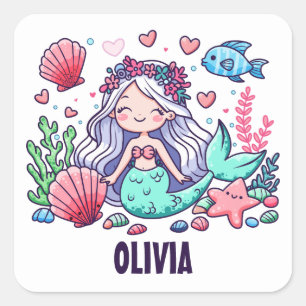 Sticker Carré Sirène de dessin animé mignonne personnalisée