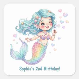 Sticker Carré Sirène Mignonne Nom Personnalisé et Âge Anniversai