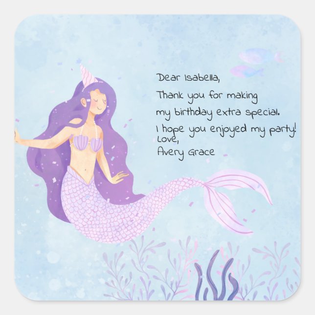 Sticker Carré Sirène rose et pourpre Anniversaire Merci (Devant)
