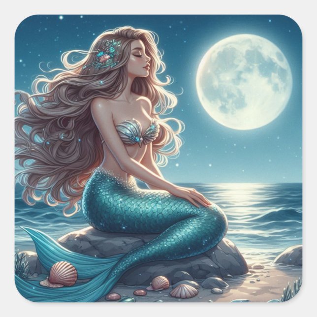 Sticker Carré Sirène sur la plage la nuit (Devant)