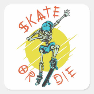 Sticker Carré Skate ou die Skeleton Skateboarder