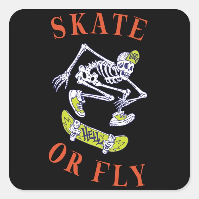 Sticker Carré Skate ou volez Skeleton Skateboarder (Devant)