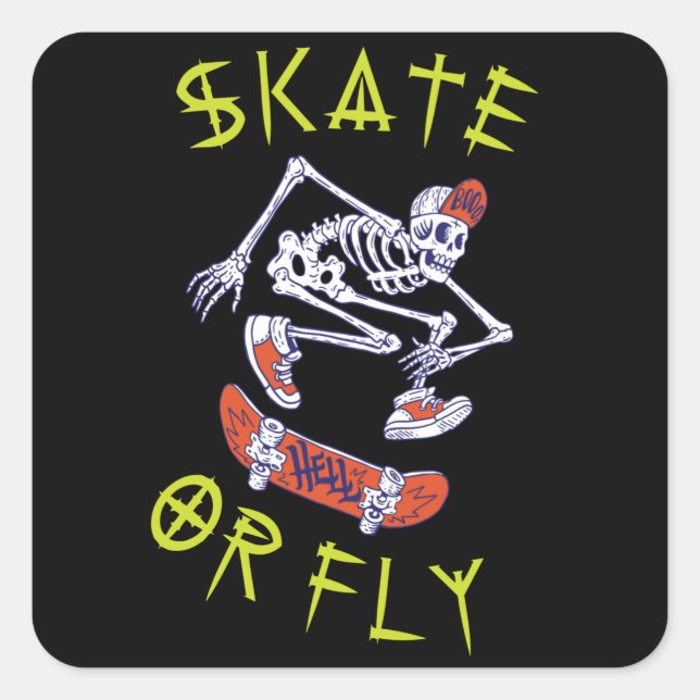 Sticker Carré Skate ou volez Skeleton Skateboarder (Devant)