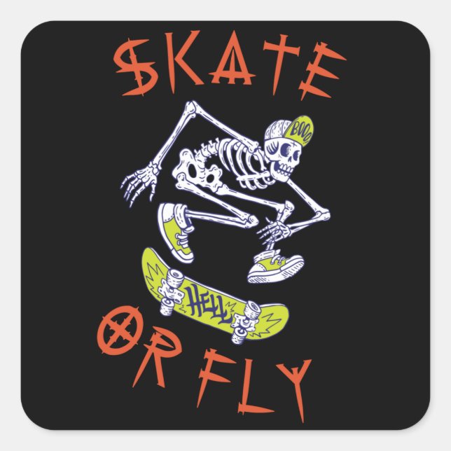 Sticker Carré Skate ou volez Skeleton Skateboarder (Devant)