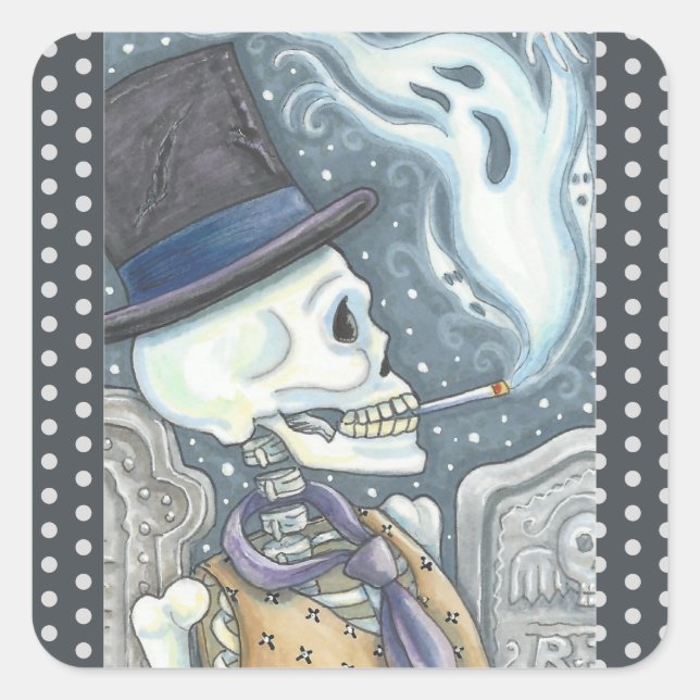 Sticker Carré SKELETON FUMEUR, Carré DE LA FEUILLE D'ÉTIQUETTES  (Devant)