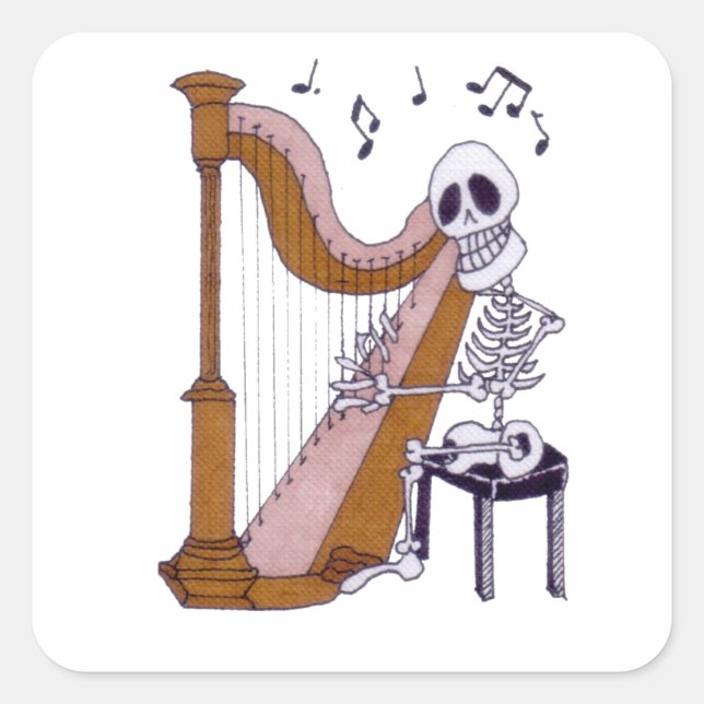 Sticker Carré Skeleton Musicien Skeleton Harpe Lecteur Harpist (Devant)