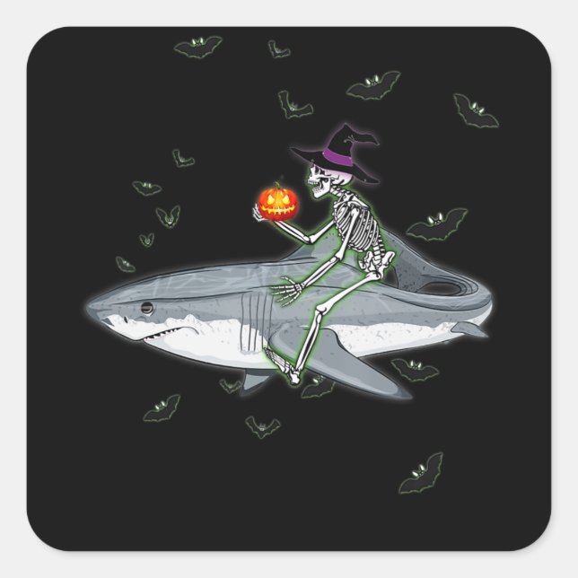 Sticker Carré Skeleton Riding Shark - Amusant cadeau Halloween S (Devant)