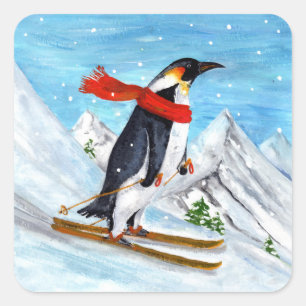Sticker Carré Ski alpin vintage de pingouin de style