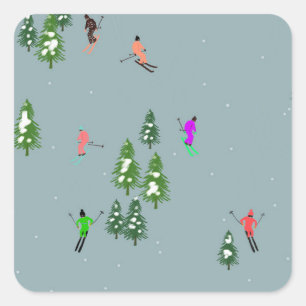 Sticker Carré Ski d'ouverture Noël Ski de vacances Skieurs Bleu