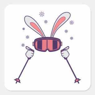 Sticker Carré Ski Rabbit avec bâtons de ski et lunettes de ski