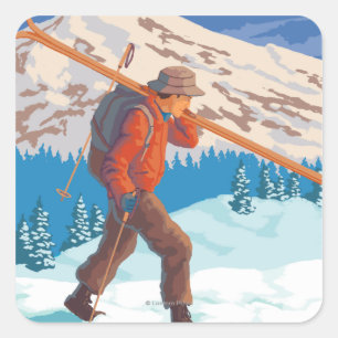 Sticker Carré Skier transportant ski de neige - Snoqualmie Pass,