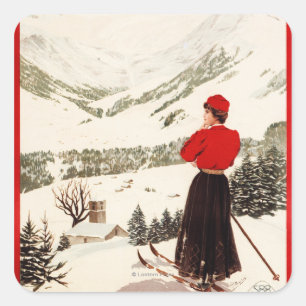 Sticker Carré Skieur de femme donnant sur l'affiche d'Adelboden