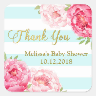 Sticker Carré Sky Blue Stripes rose Baby shower Floral Merci
