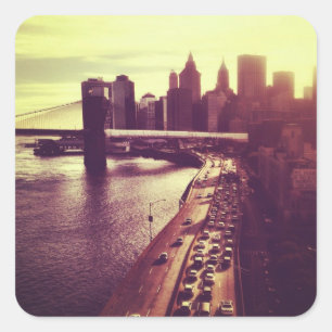 Sticker Carré Skyline Sunset - Brooklyn Bridge et NYC Cityscape