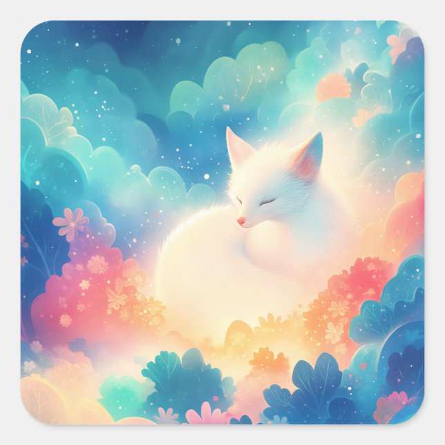 Sticker Carré Sleeping Arctic Fox in Magical Pastel Cloud (Devant)
