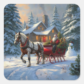 Sticker Carré Sleigh Père Noël à cheval de Noël