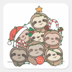 Sticker Carré Sloth Christmas Tree Funny Animal Noël Carré