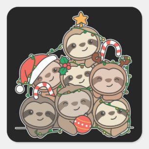 Sticker Carré Sloth Christmas Tree Funny Animal Noël Carré