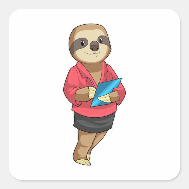 Sticker Carré Sloth en tant que secrétaire avec Bloc-notes (Devant)