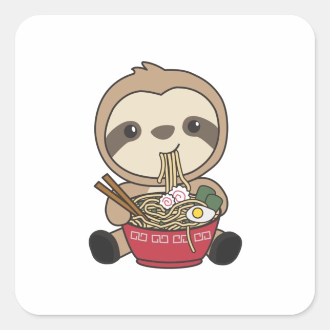 Sticker Carré Sloth Mange Ramen Cute Kawaii Noodle Sloth (Devant)