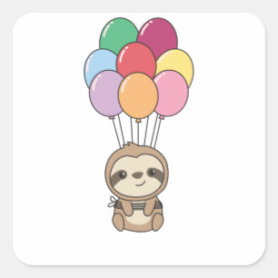 Sticker Carré Sloth S'Envole Avec Des Ballons Colorés