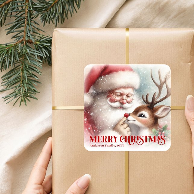 Sticker Carré Smiling Santa Rudolph Personalized Holiday Kids  (Smiling Santa Rudolph Personalized Holiday Kids Sticker)