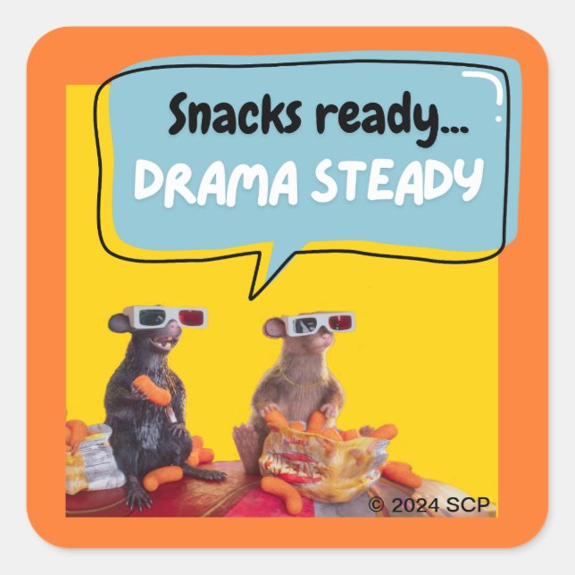 Sticker Carré Snacks Ready, Drama Steady (Devant)