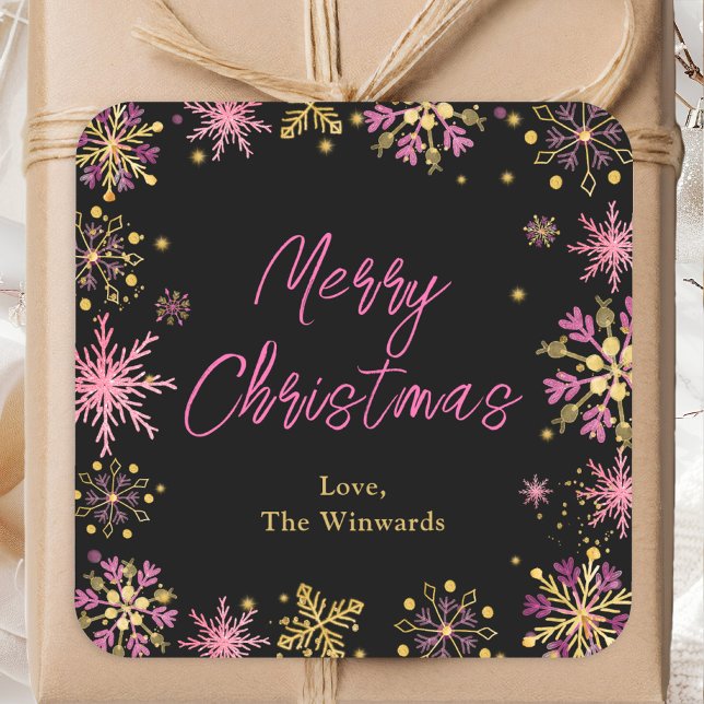 Sticker Carré Snowflakes rose et or Joyeux Noël (Créateur téléchargé)