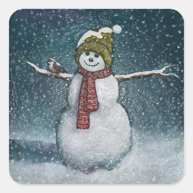 Sticker Carré Snowman Avec Chickadee : Scène Hiver (Devant)