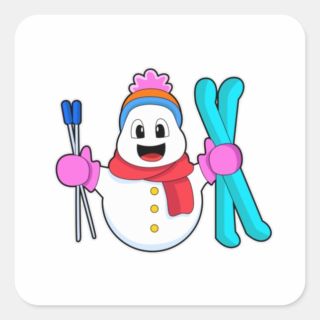 Sticker Carré Snowman comme skieur avec ski (Devant)
