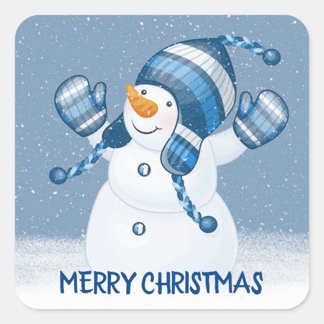 Sticker Carré Snowman de Noël dans les flocons de neige (Devant)
