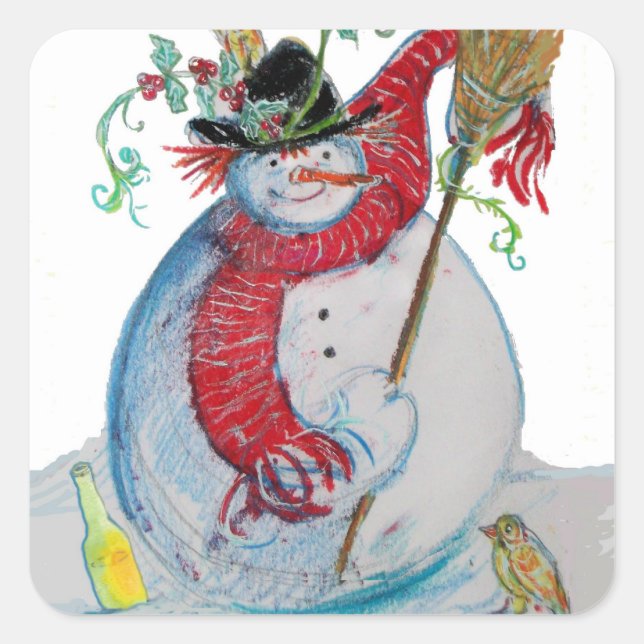 STICKER CARRÉ SNOWMAN DRUNKEN AVEC OISEAUX EN HIVER (Devant)