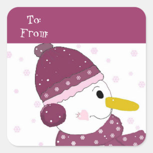 Sticker Carré Snowman en Casquette violet et écharpe