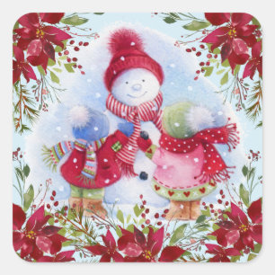 Sticker Carré Snowman et Enfants souriants