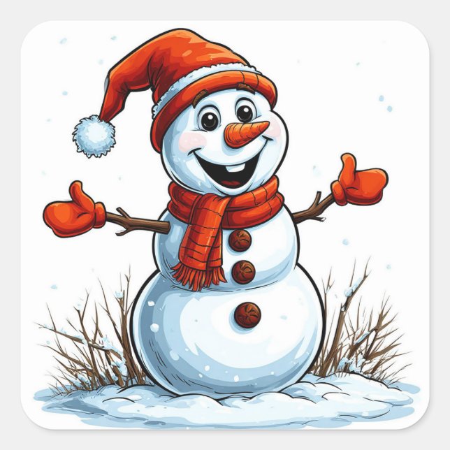 Sticker Carré Snowman gai habillé en Casquette d'hiver (Devant)