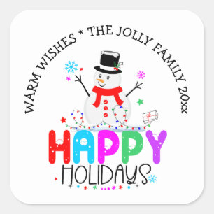 Sticker Carré Snowman Joyeuses Fêtes Colorées Noël