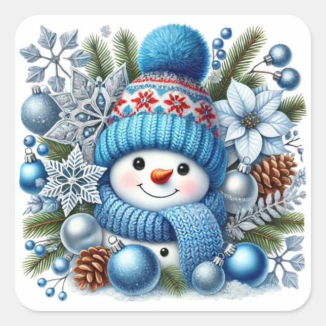 Sticker Carré Snowman mignon couvert de bleu et d'argent (Devant)