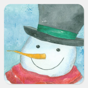 Sticker Carré Snowman Noir Top Hat Noël Vacances Aquarelle