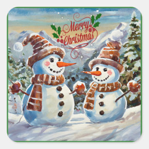 Sticker Carré Snowmen, Joyeux Noël,