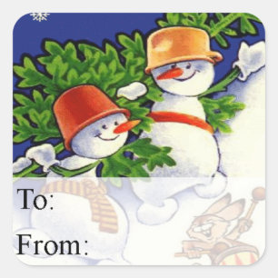 Sticker Carré Snowmen With Christmas Tree Vintage